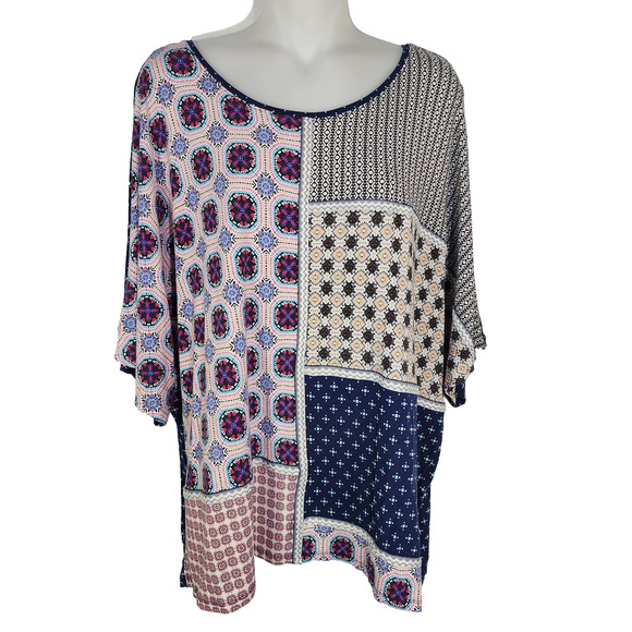 Chico's Tops - Chico's Patchwork Shirt Women Size 3 US XL Blue Multi Print Bohemian Peasant
